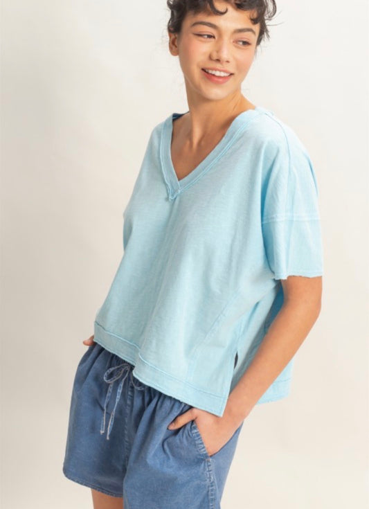 Blue Oversized V Neck Top