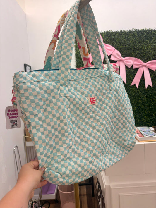 Turquoise Checkered Carryall Quilted Tote