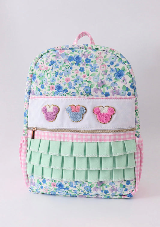 Blue Floral Ears Patch Bookbag