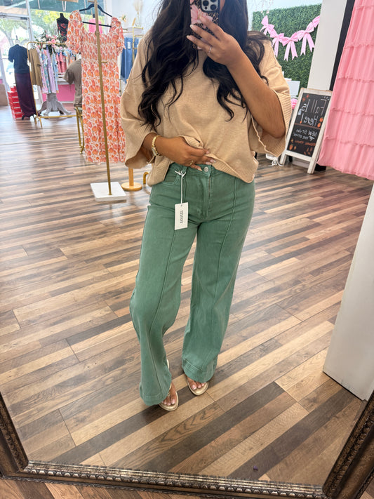 High Rise Wide Leg Olive Denim Pants