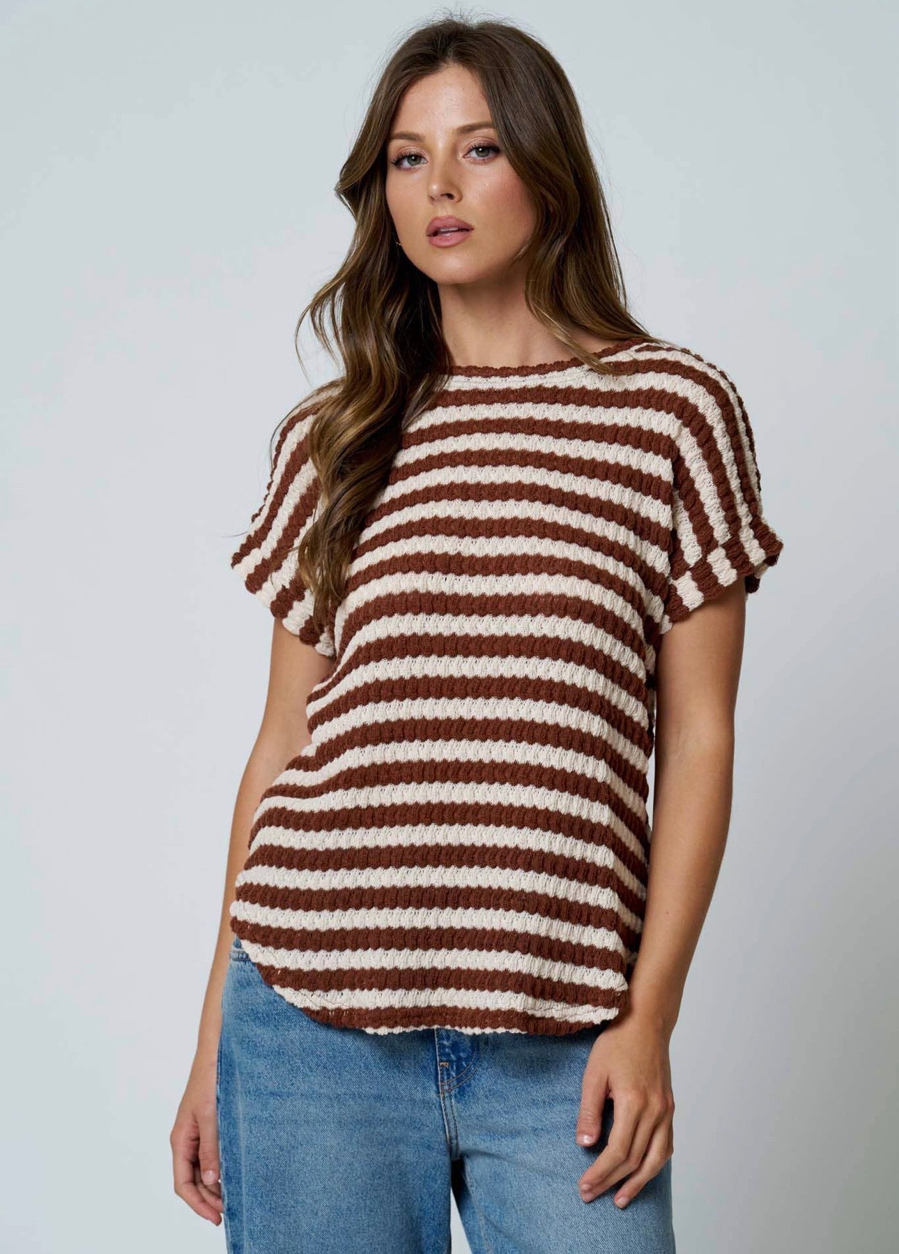 Brown Textured Stripe Dolman Top