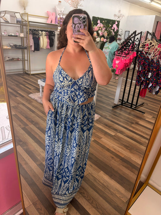 Blue Tropical Halter & Skirt Set