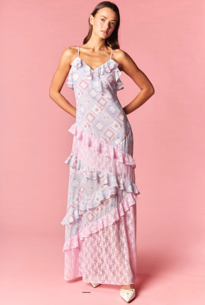Patchwork Lace Ruffle Maxi Dress