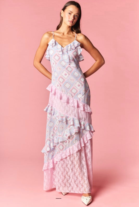 Patchwork Lace Ruffle Maxi Dress