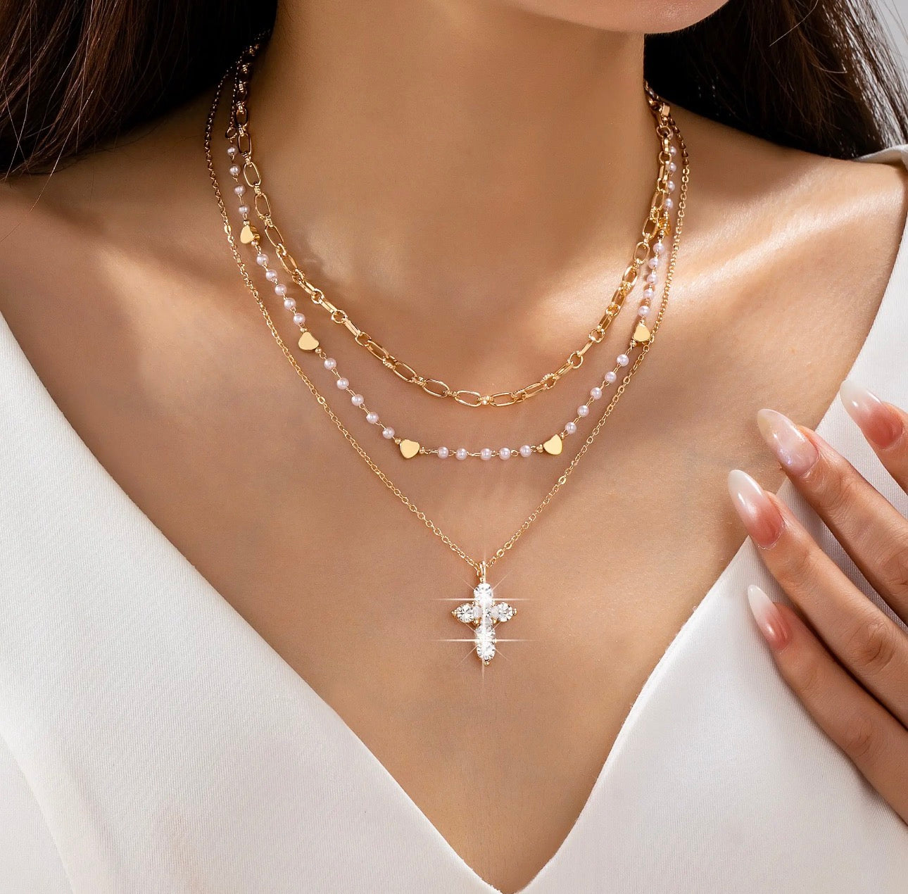 Pearl Strand Cross Necklace Set