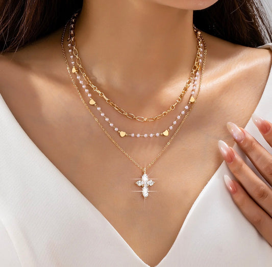 Pearl Strand Cross Necklace Set