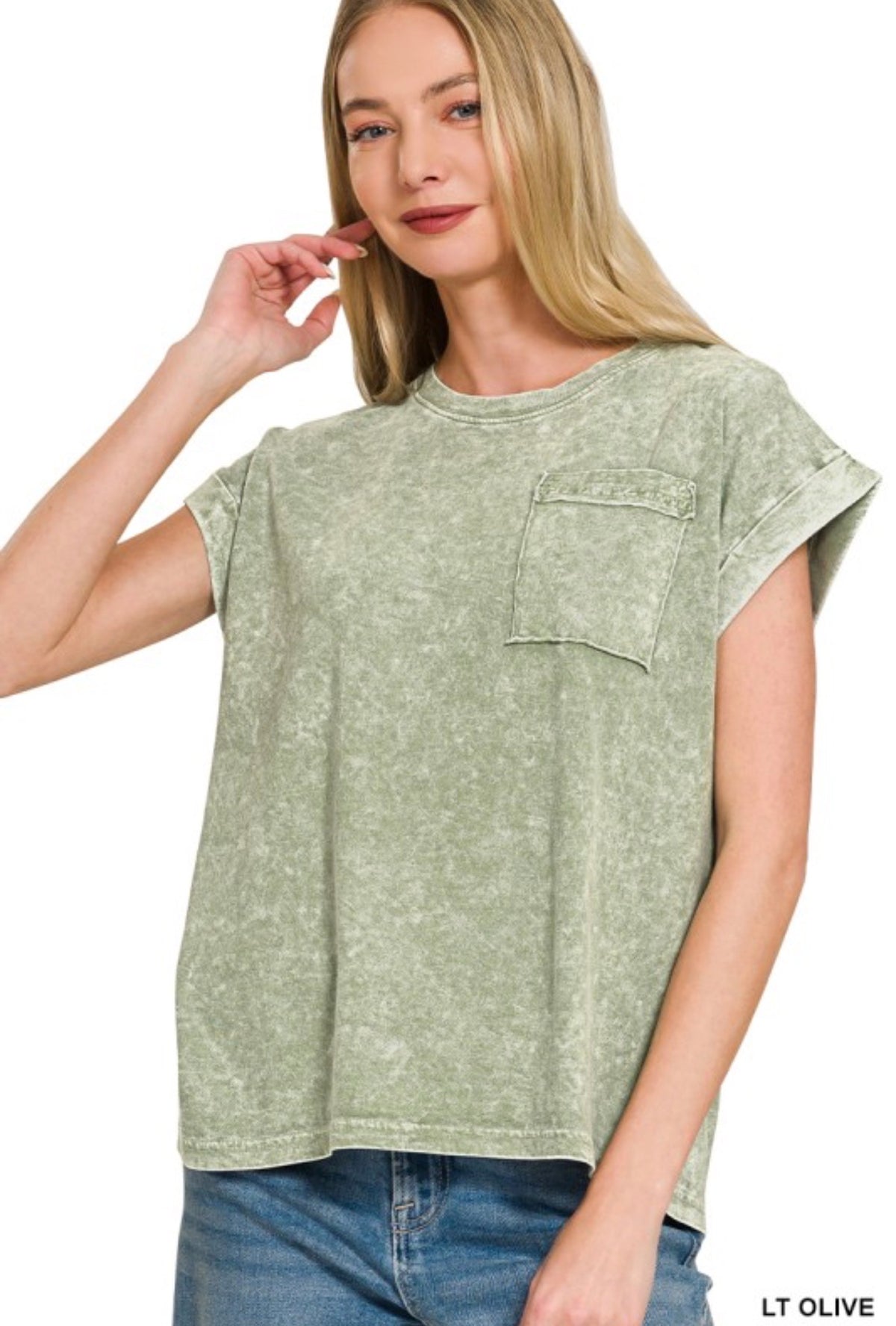 Olive Washed Cuff Sleeve Top
