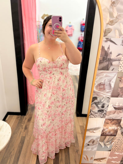 Pink Floral Corset Midi Dress
