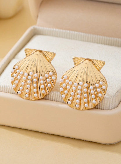 Scalloped Shell Pearl Stud Earrings
