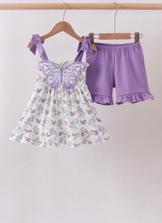 Purple Butterfly Shorts Set