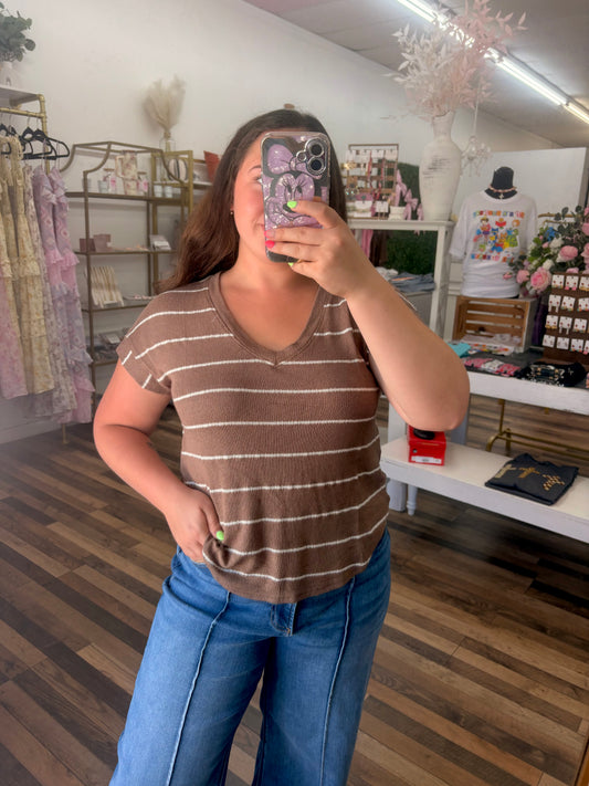 Mocha Stripe V Neck Knit Top