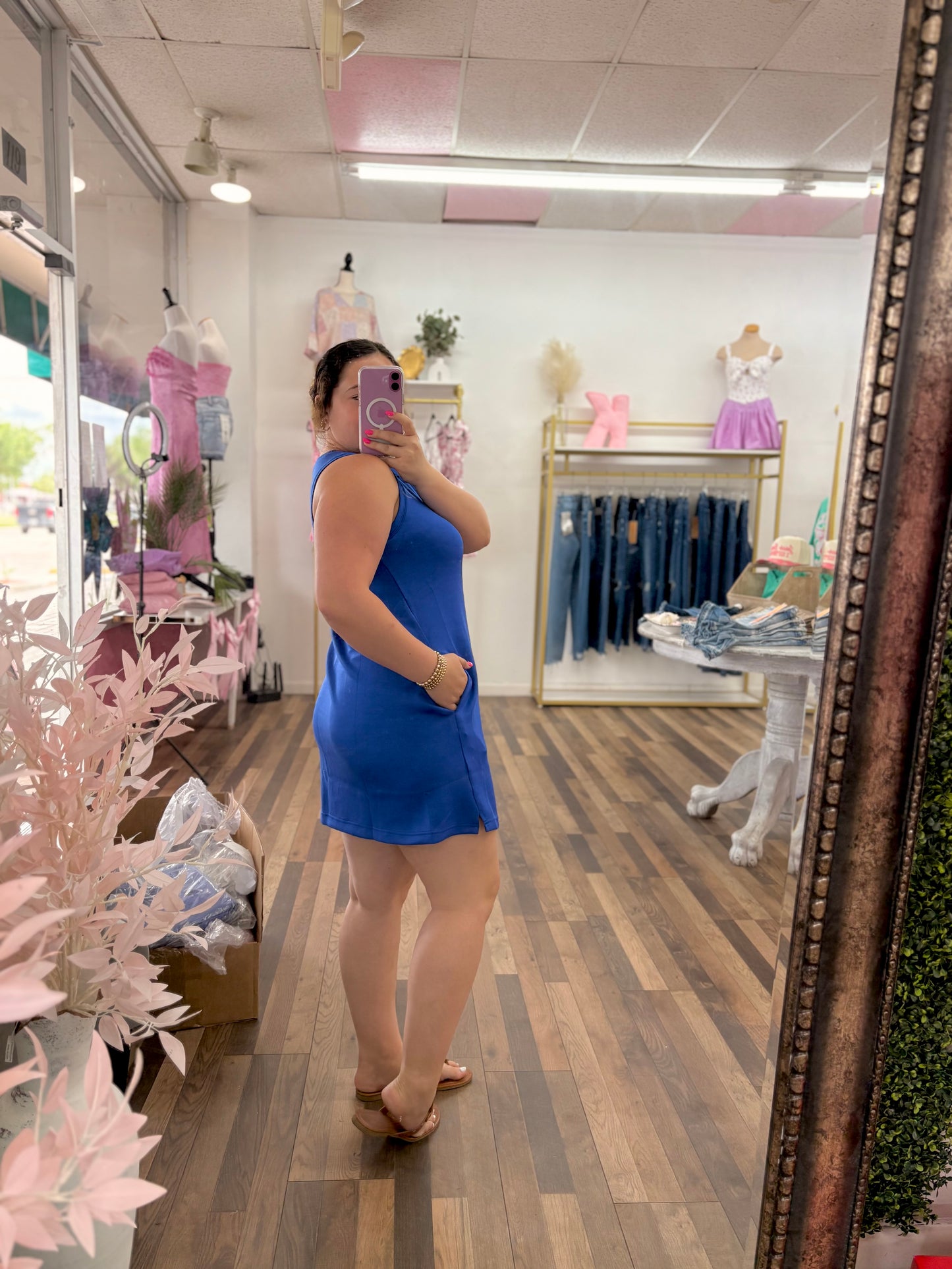 Blue Crew Neck Mini Dress