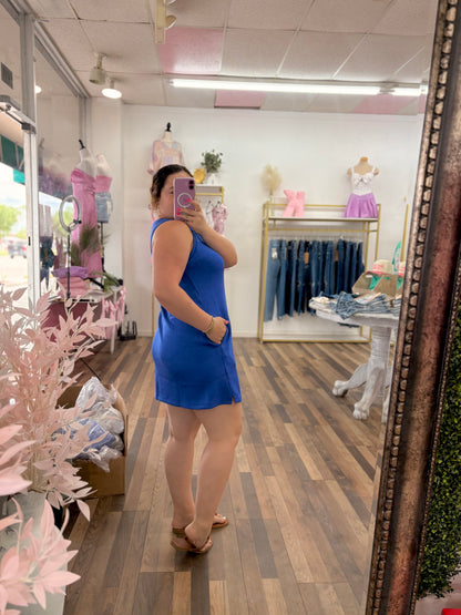 Blue Crew Neck Mini Dress