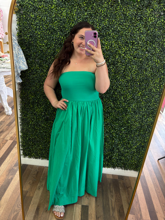 Green Strapless Flowy Midi Dress