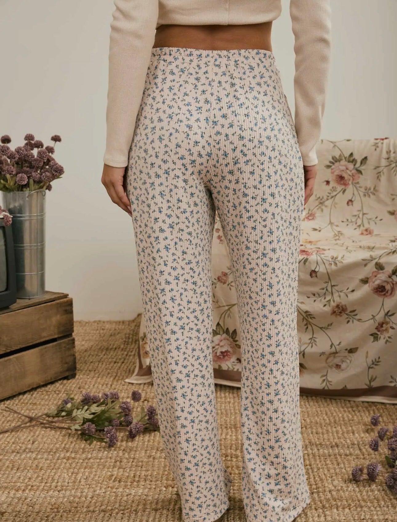 Ditsy Floral Ribbed Wide Leg Pants