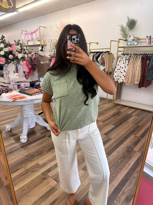 Olive Washed Cuff Sleeve Top