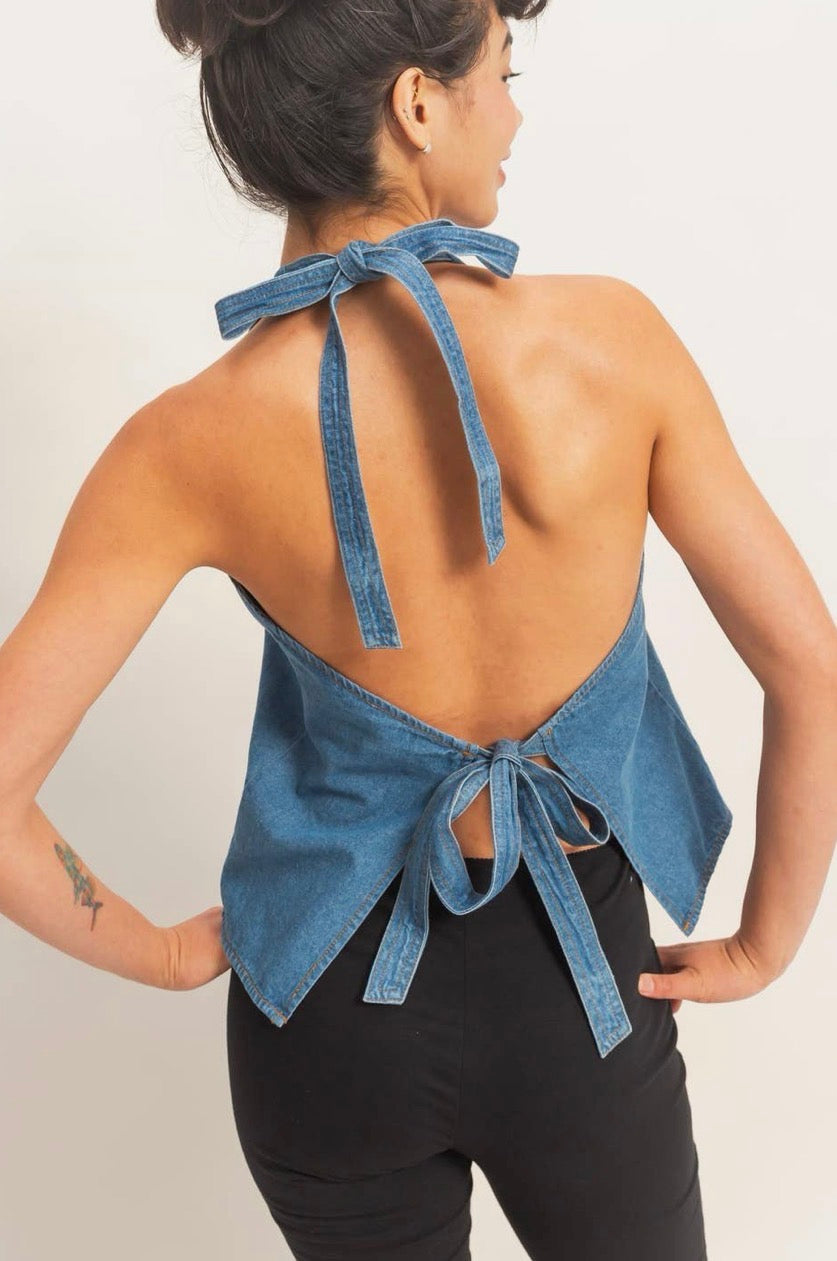 Denim Back Tie Halter Vest
