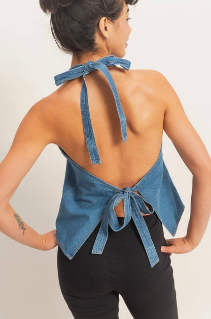 Denim Back Tie Halter Vest