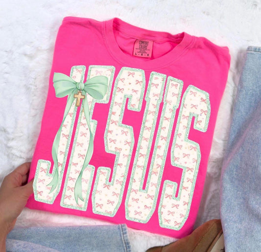 Jesus Neon Pink Bow Tee