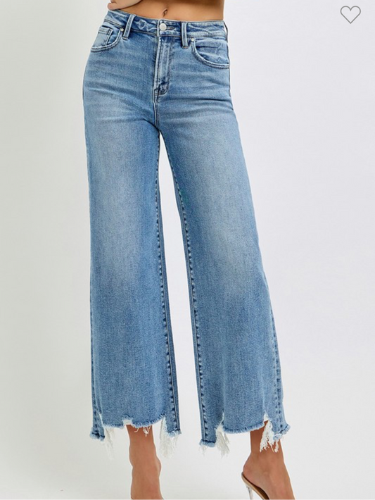 High Rise Crop Wide Hem Jeans