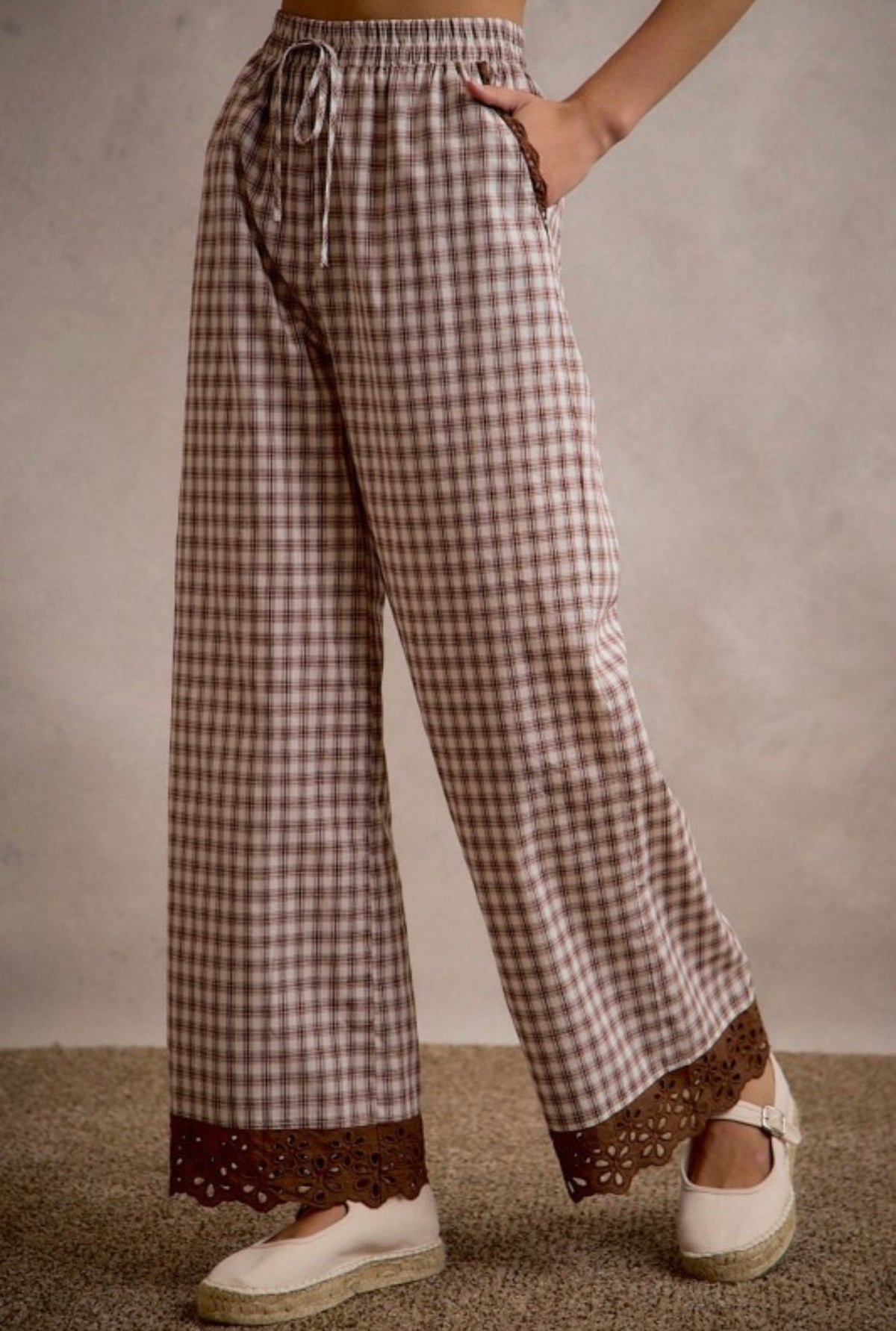 Cotton Plaid Wide Leg Pants