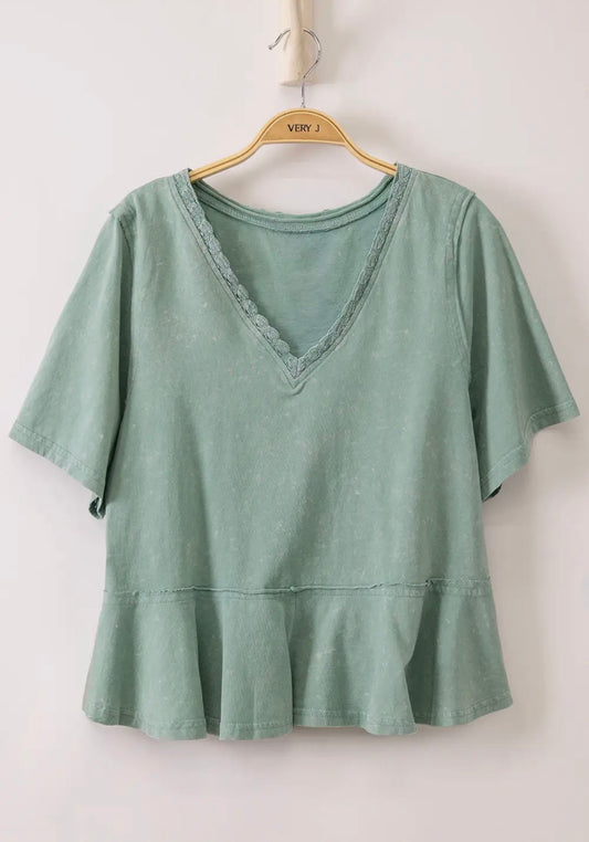 Lace Trim Mineral Wash Top
