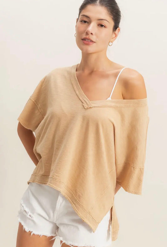 Taupe Oversized V Neck Blouse