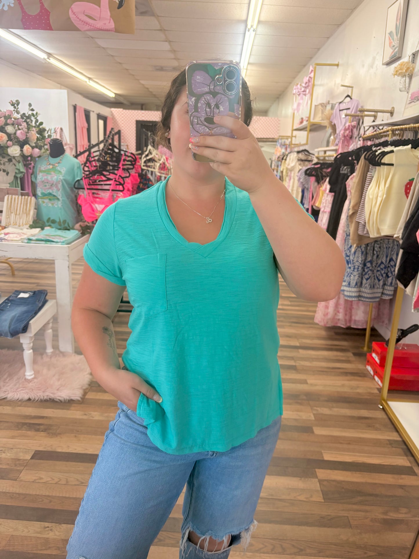 Rolled Sleeve V Neck Tank