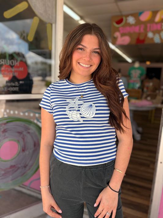 Striped Embroidery Sea Patch Top