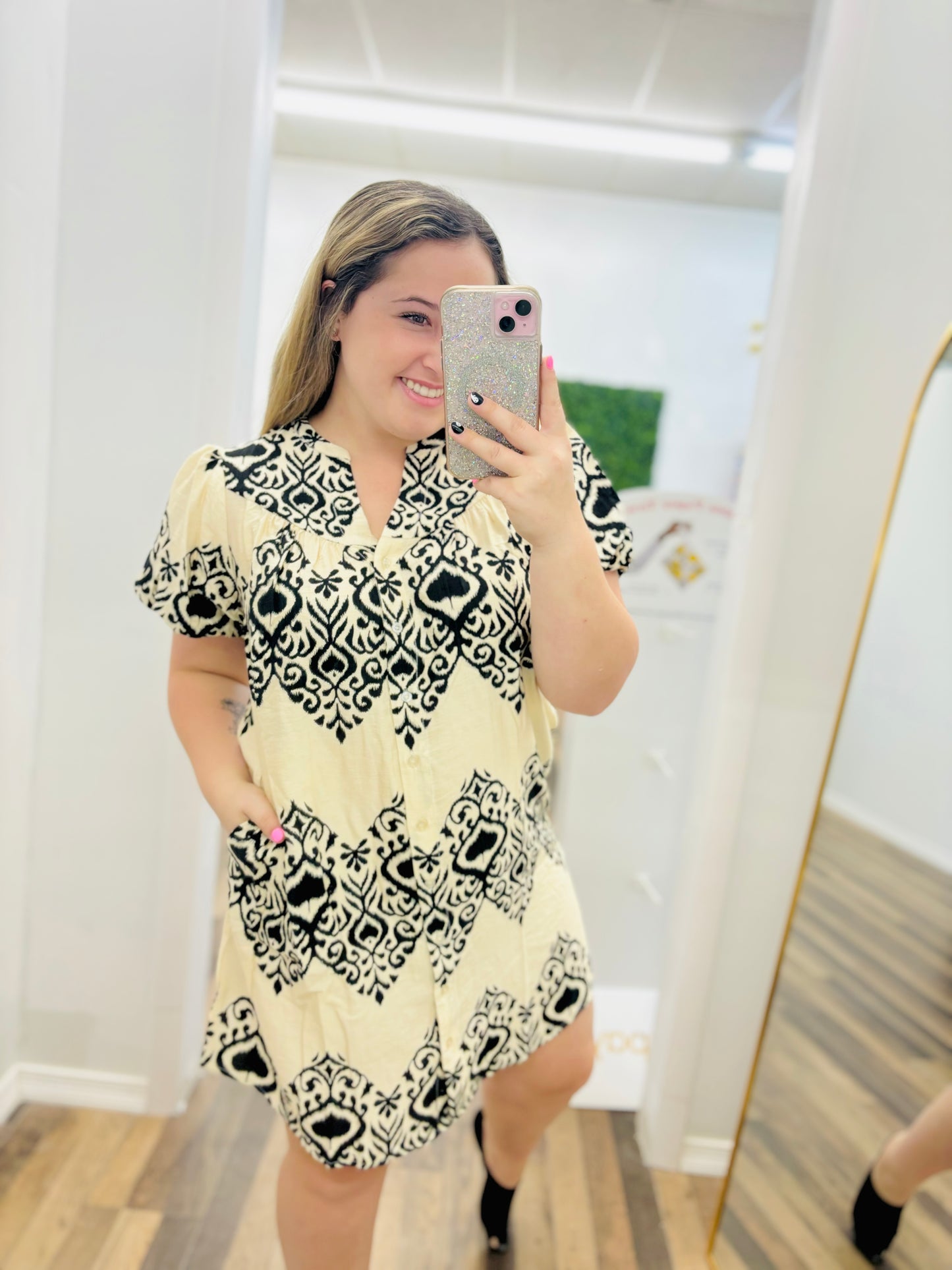 Printed Down Button Mini Dress