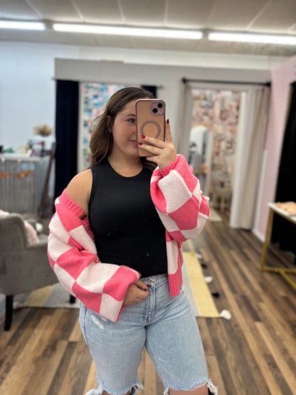 Pink Checkered Cardigan Sweater