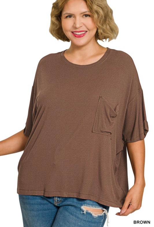 Plus Oversized Ribbed Pocket Tee