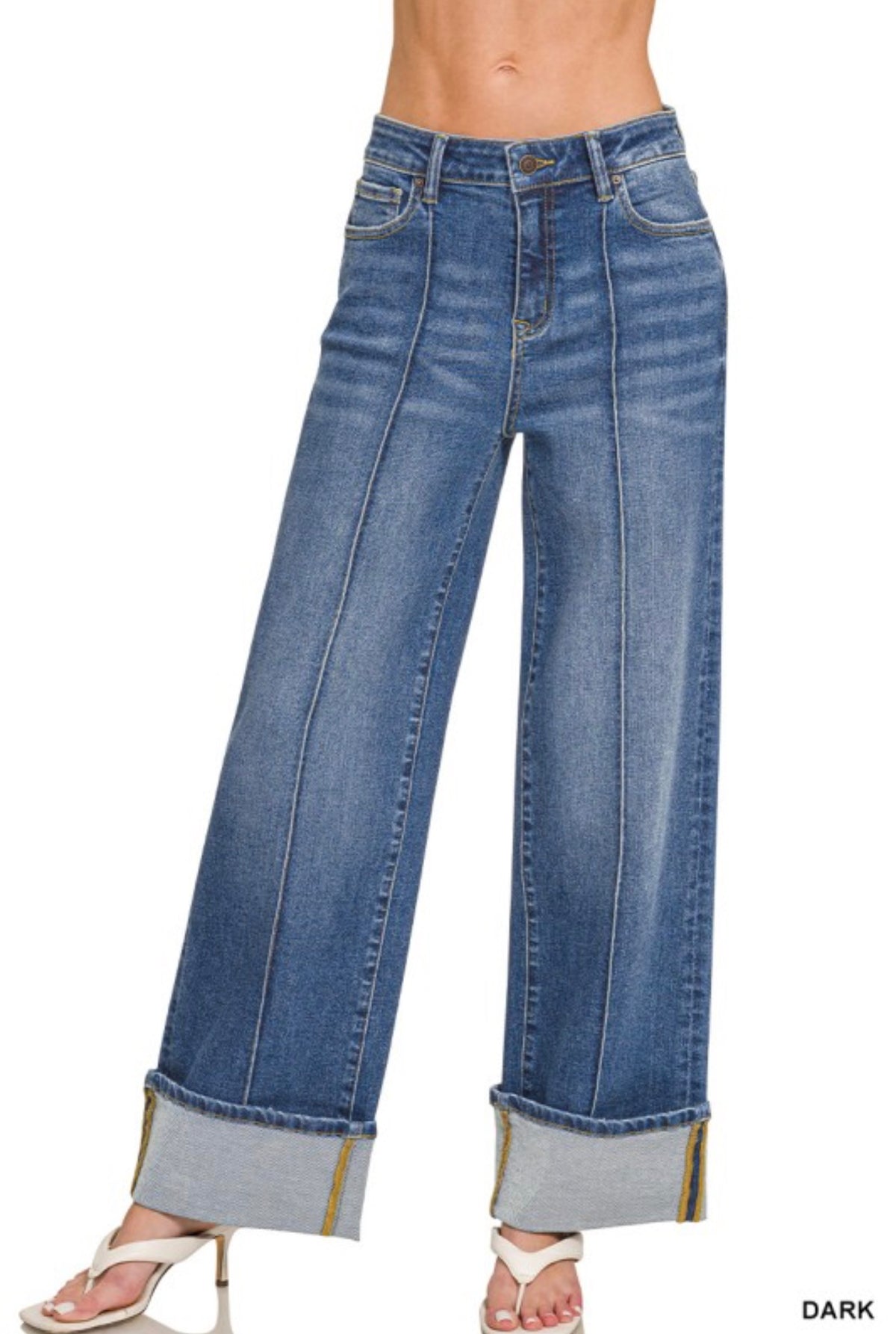 Cuffed Wide Leg Denim Pants